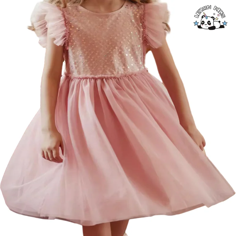 LEZONKIDS - Factory Hot Sale Girls Summer Sequin Dress Mesh Ruff Sleeve Dress Girls Princess Dress